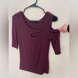 Goldray, Garima asymmetric cold shoulder top, burgundy, with a quarter sleeve.